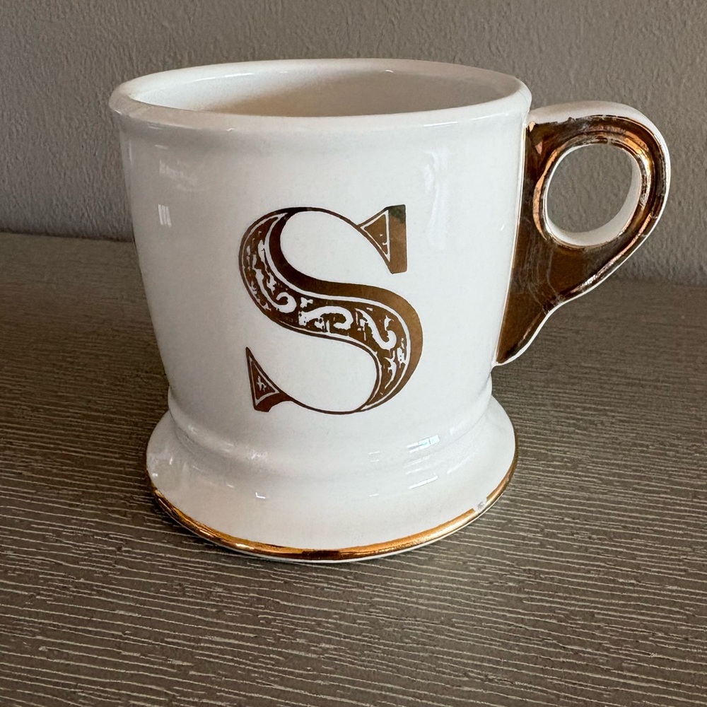 Anthropologie Gold S Monogram Mug Initial Letter Coffee Tea Cup Shave Cup